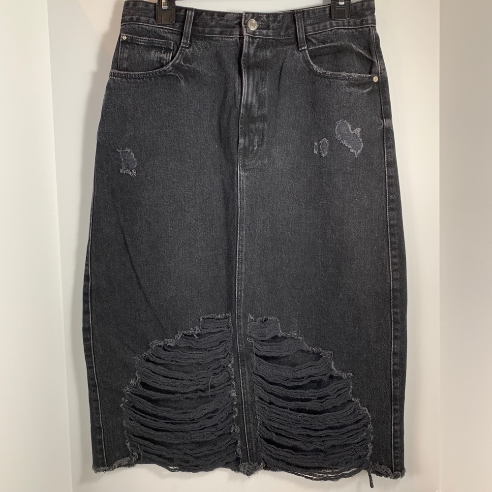 Zara Trafaluc Blk Distressed Denim Pencil Skirt